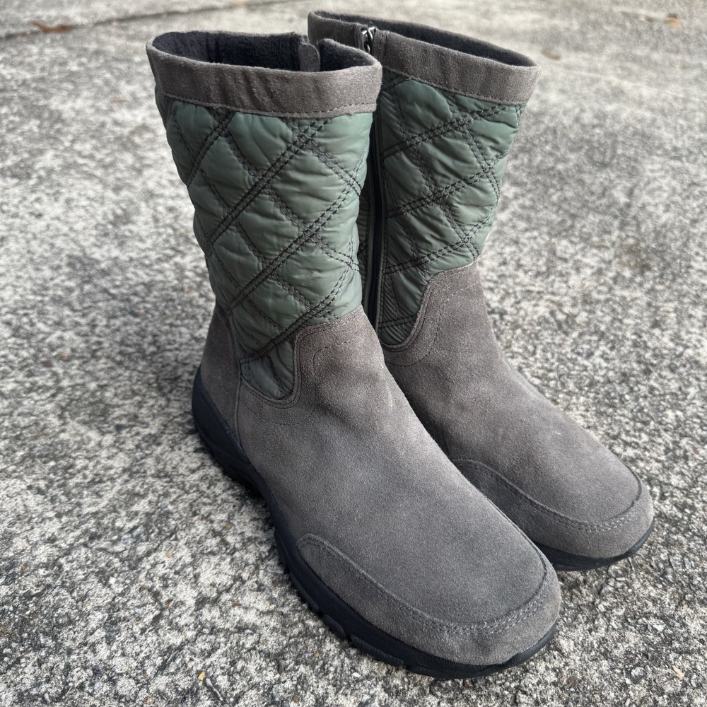 Lands End Womens Size 8.5 B Gray Suede Leather Zip Up Mid Calf Boots Quilted - Picture 1 of 10